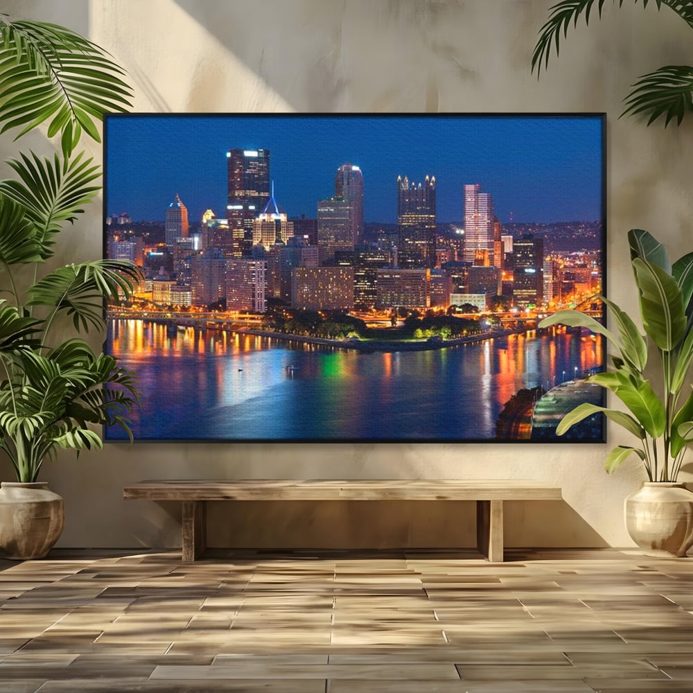 Tablou canvas cu tablou canvas cu peisaj nocturn urban, in rama de aluminiu negru
